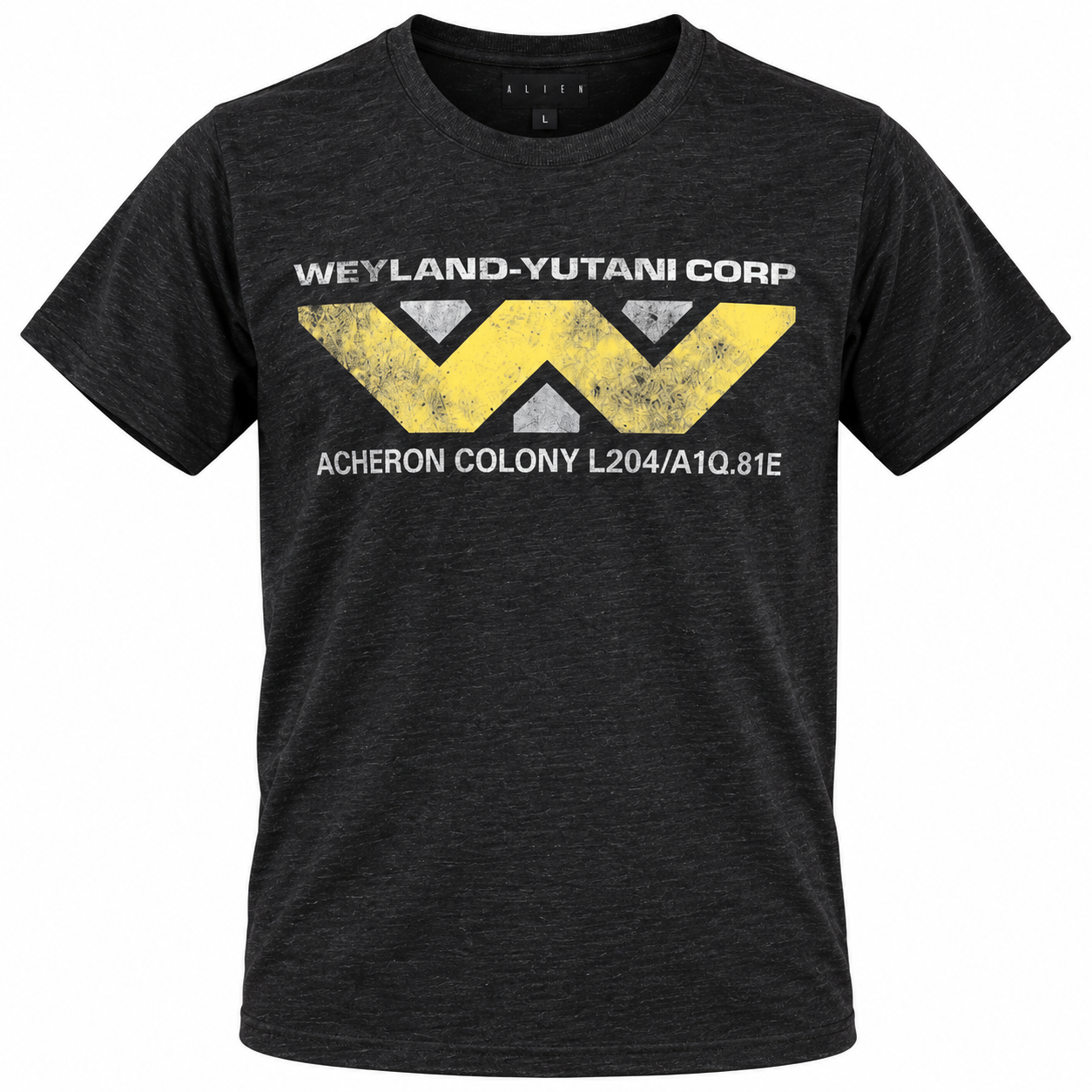 Mannelijk model met Alien Weyland-Yutani Corp T-shirt in Heather Black