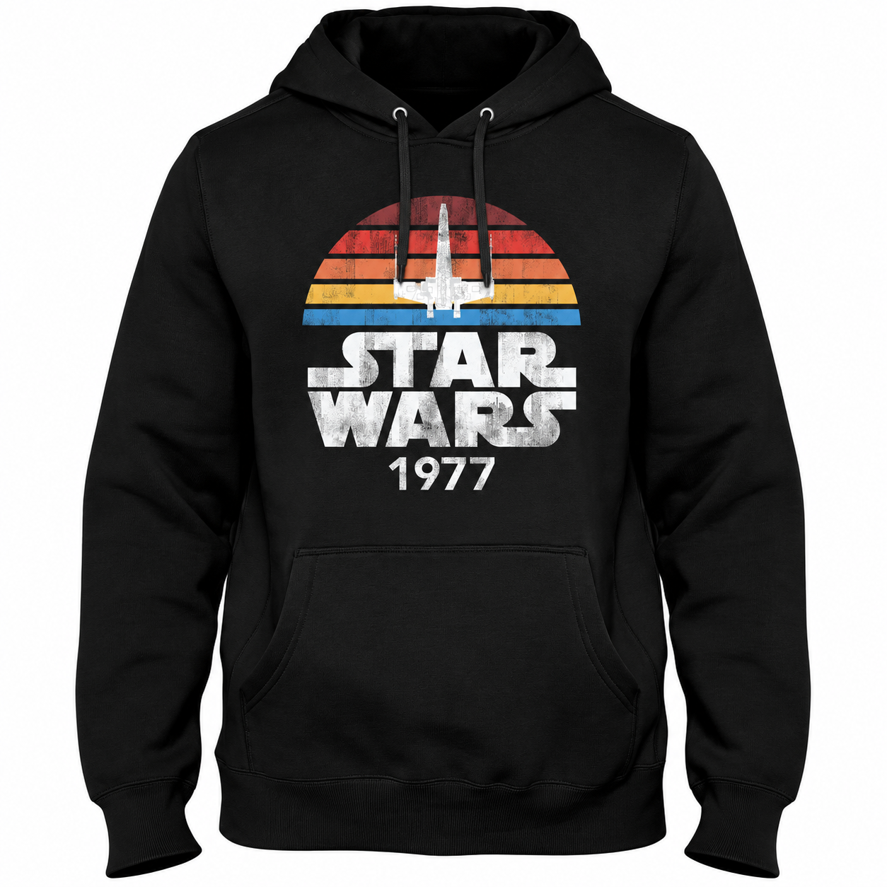 Zwarte Star Wars 1977 retro hoodie met officiële frontprint