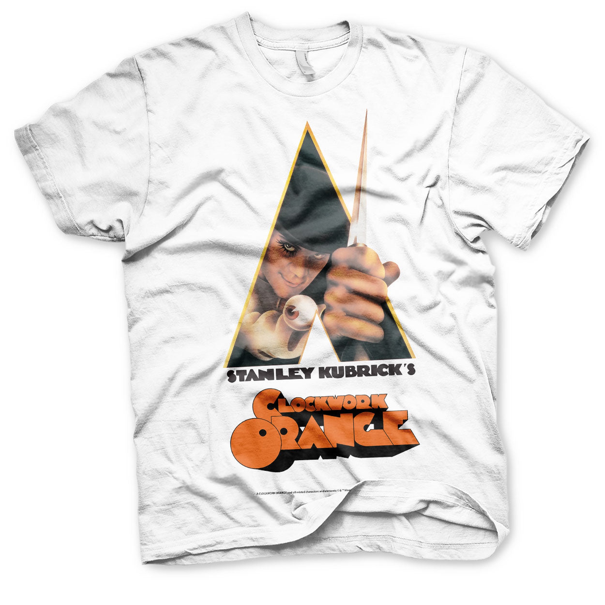 Wit Clockwork Orange Poster T-shirt met Alex en het oranje filmlogo op de voorkant.