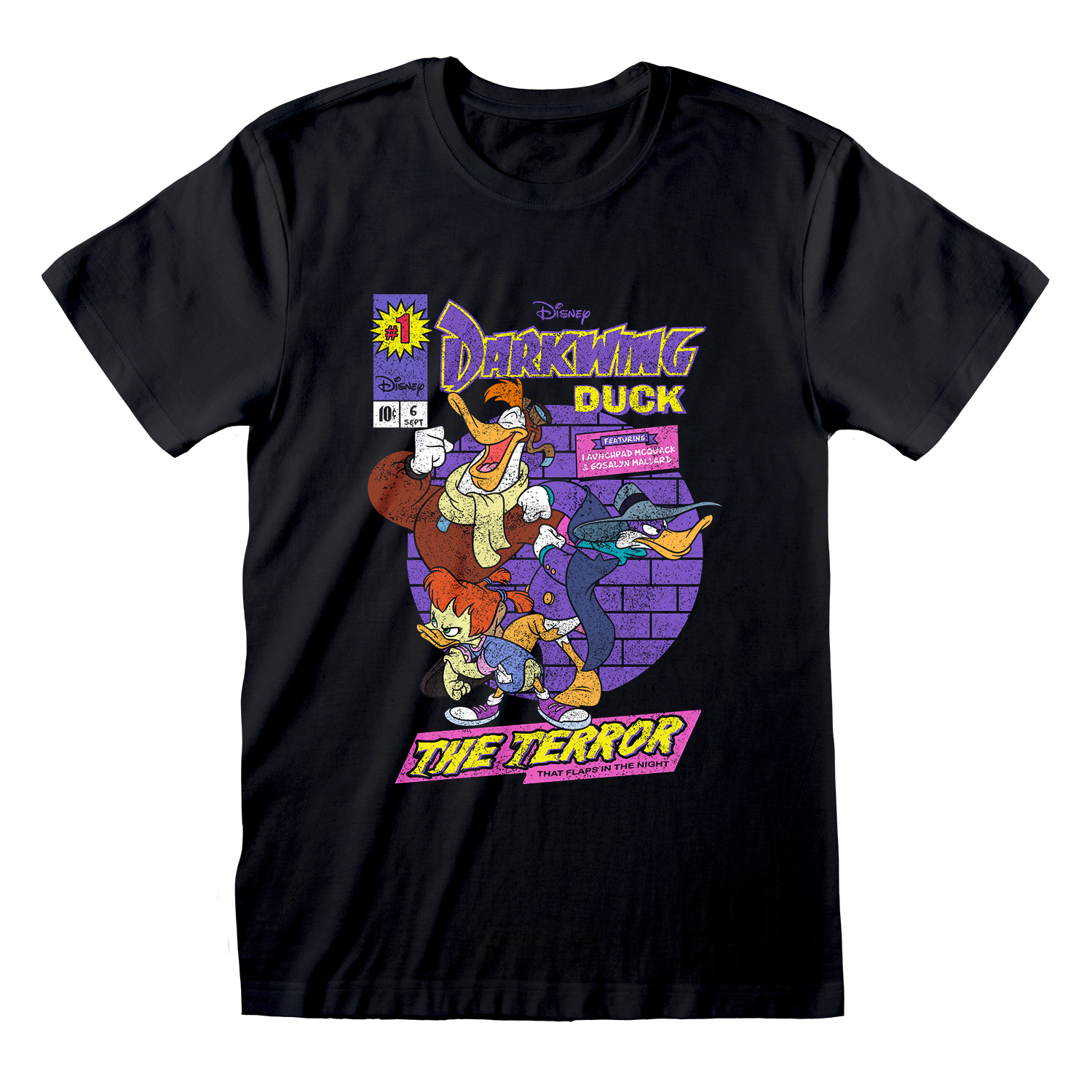 Zwart Darkwing Duck T-shirt met kleurrijke Comic Cover-print van Darkwing Duck, Launchpad McQuack en Gosalyn Mallard