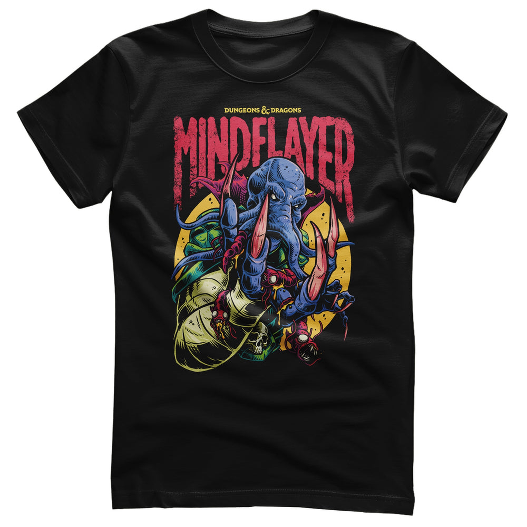 Zwart Dungeons & Dragons T-shirt met kleurrijke Mindflayer-print en rode Mindflayer-letters op de voorzijde