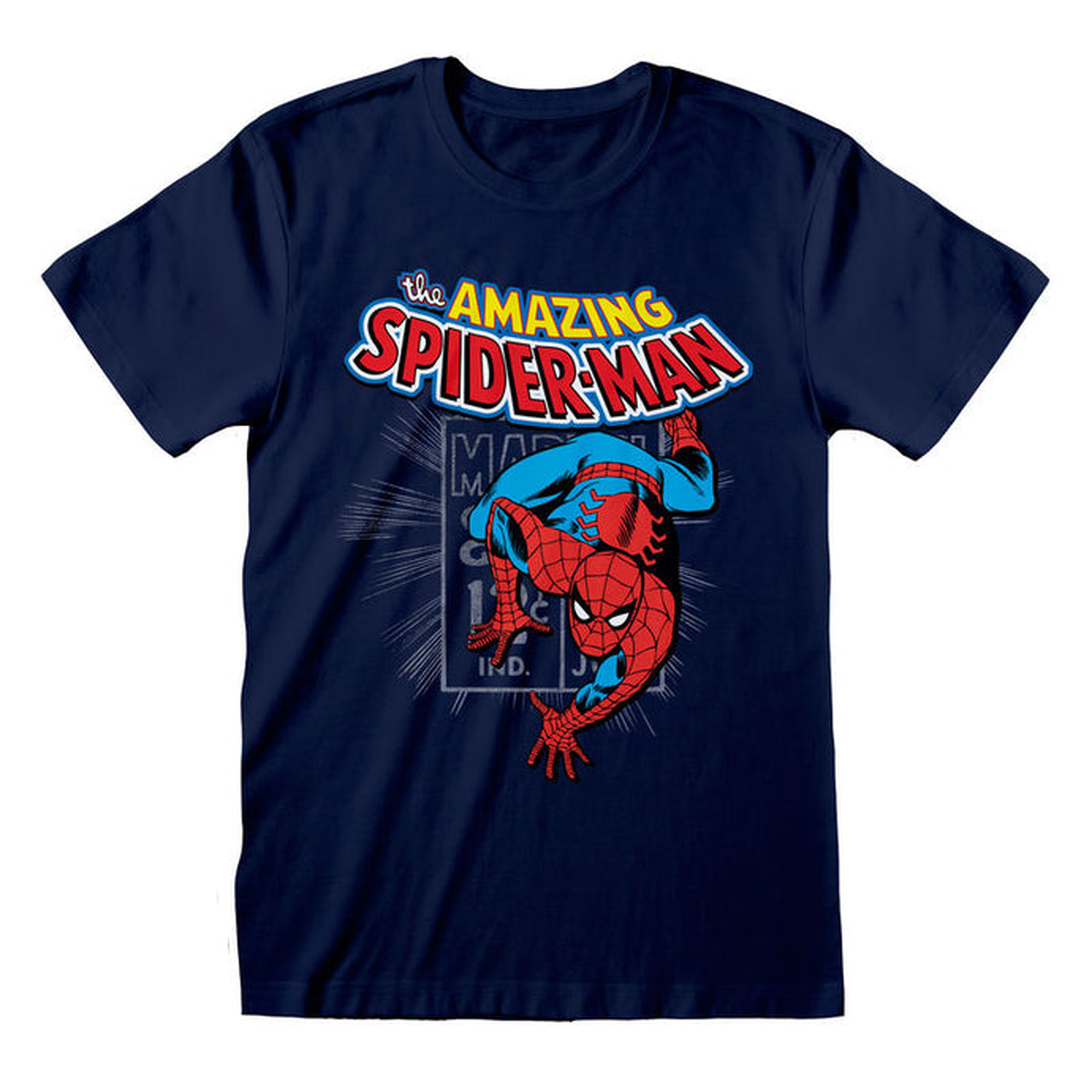 Voorzijde van een navyblauw Marvel T-shirt met Spider-Man in rood-blauw kostuum en The Amazing Spider-Man-tekst