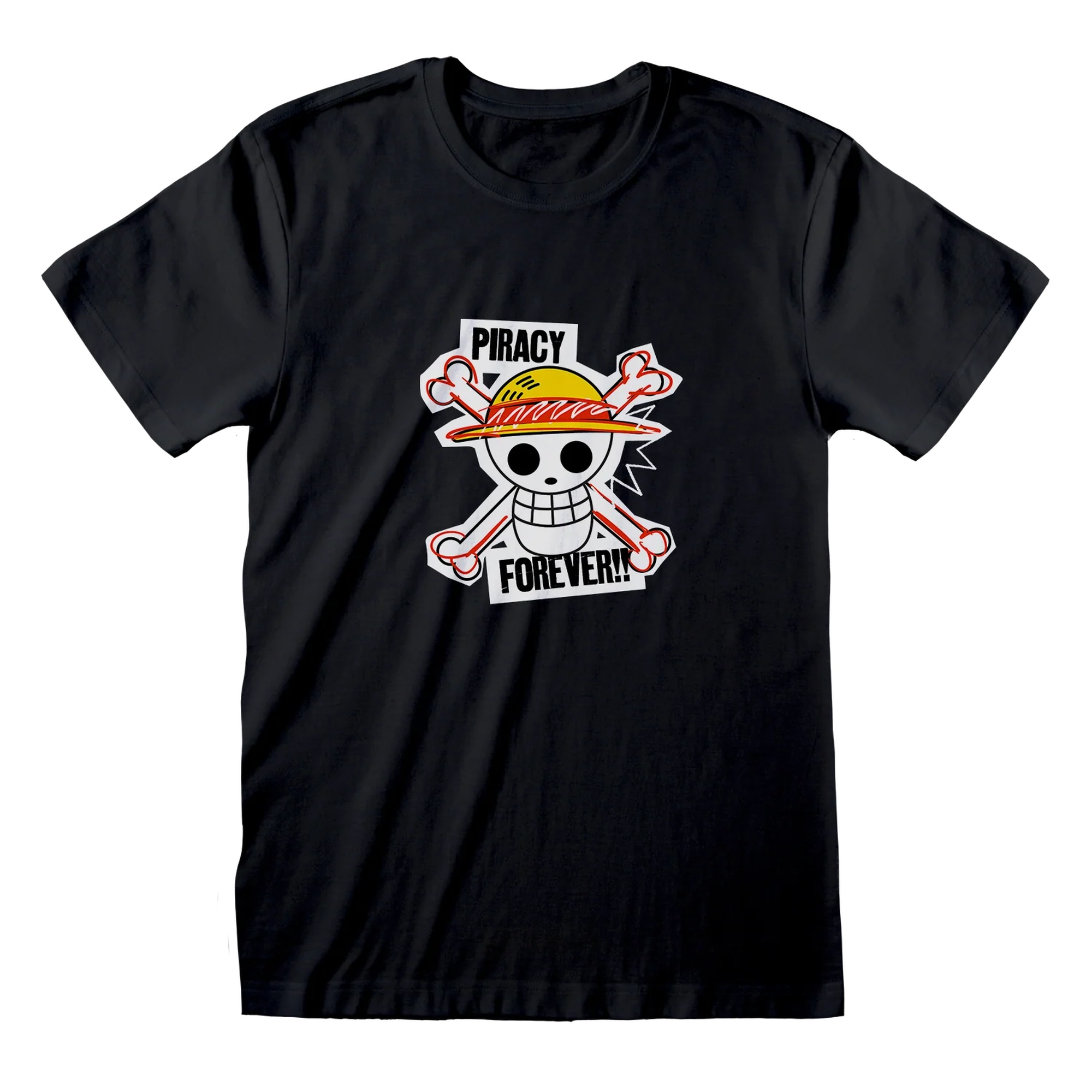 Zwart One Piece Piracy Forever T-shirt met piratenschedel, gele strohoed en gekruiste botten op de voorkant.