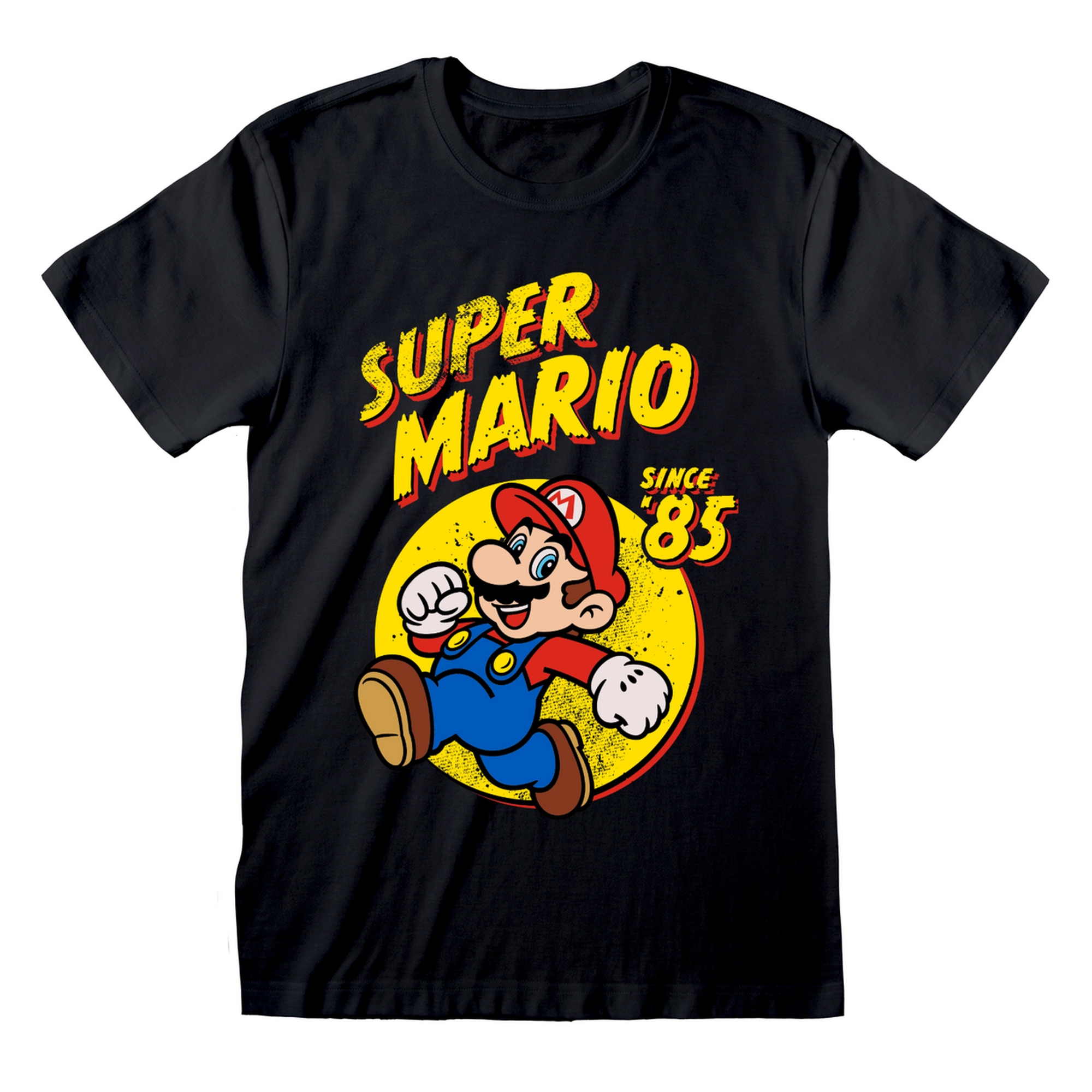 Zwart Super Mario Retro Since 85 T-shirt met Mario en gele Super Mario-letters op de voorkant.